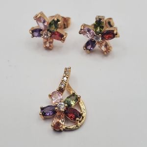 Gold Plated Multi Color Rhinestones Earrings and Pendant Set